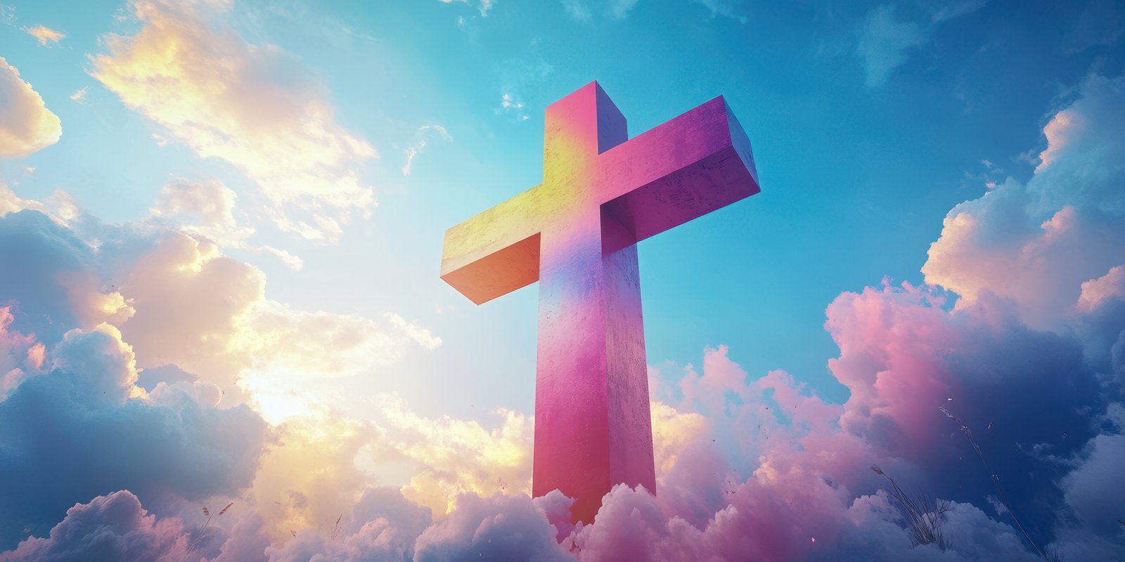 Colorful cross against a vibrant sunset sky with fluffy clouds illuminating the evening atmosphere